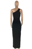 Black Sexy Casual Solid Backless One Shoulder Long Dress