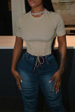 Khaki Fashion Casual Solid Bandage O Neck T-Shirts
