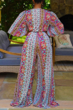 Colour Sexy Print Patchwork V Neck Boot Cut Jumpsuits