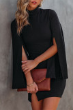 Black Fashion Casual Solid Slit Turtleneck Long Sleeve Dresses