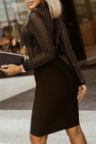 Black Fashion Sexy Patchwork Hot Drilling See-through Turtleneck Long Sleeve Dresses