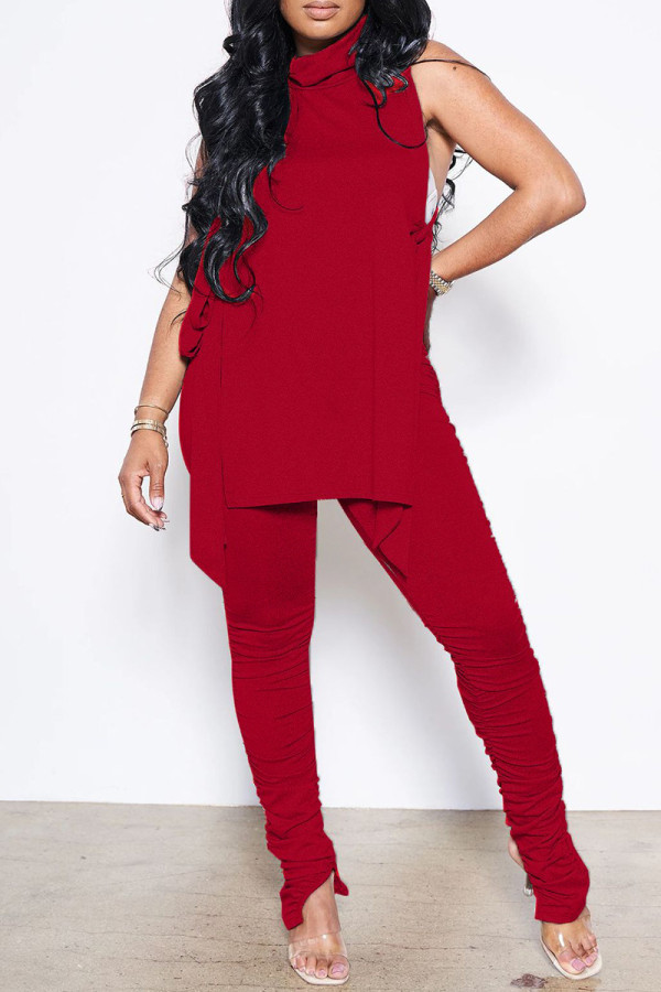 Red Fashion Casual Solid Bandage Slit Turtleneck Sleeveless Two Pieces