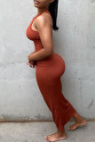 Brown Sexy Casual Solid Basic O Neck Vest Dress