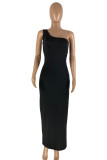 Black Sexy Casual Solid Backless One Shoulder Long Dress