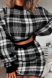 Black Sexy Plaid Patchwork Half A Turtleneck Long Sleeve Two Pieces
