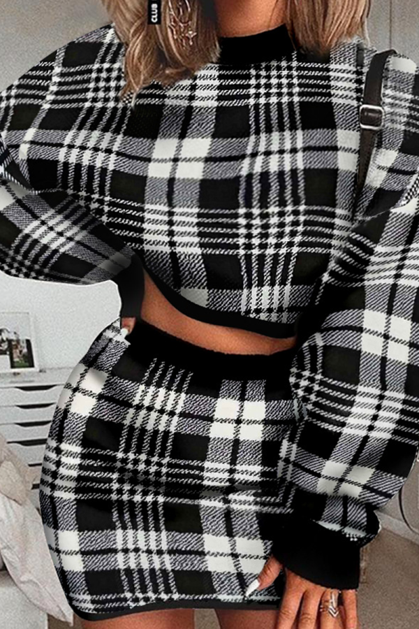 Black Sexy Plaid Patchwork Half A Turtleneck Long Sleeve Two Pieces