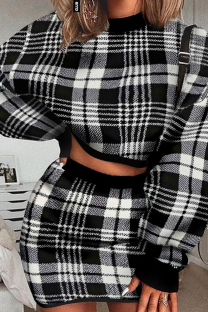 Black Sexy Plaid Split Joint Half A Turtleneck Long Sleeve Two Pieces