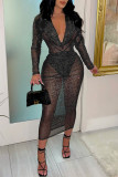 Black Sexy Print Patchwork See-through V Neck One Step Skirt Dresses