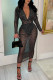 Black Sexy Print Patchwork See-through V Neck One Step Skirt Dresses