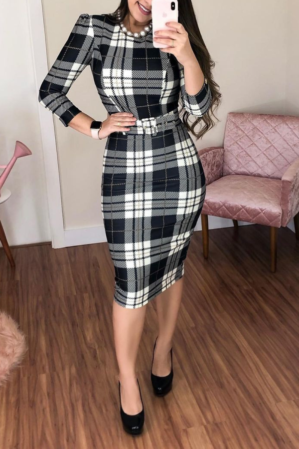 Grey Casual Plaid Patchwork O Neck Pencil Skirt Dresses