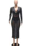 Black Sexy Print Patchwork See-through V Neck One Step Skirt Dresses