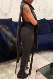 Black Fashion Casual Solid Bandage Slit Turtleneck Sleeveless Two Pieces
