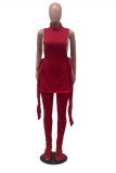 Black Fashion Casual Solid Bandage Slit Turtleneck Sleeveless Two Pieces