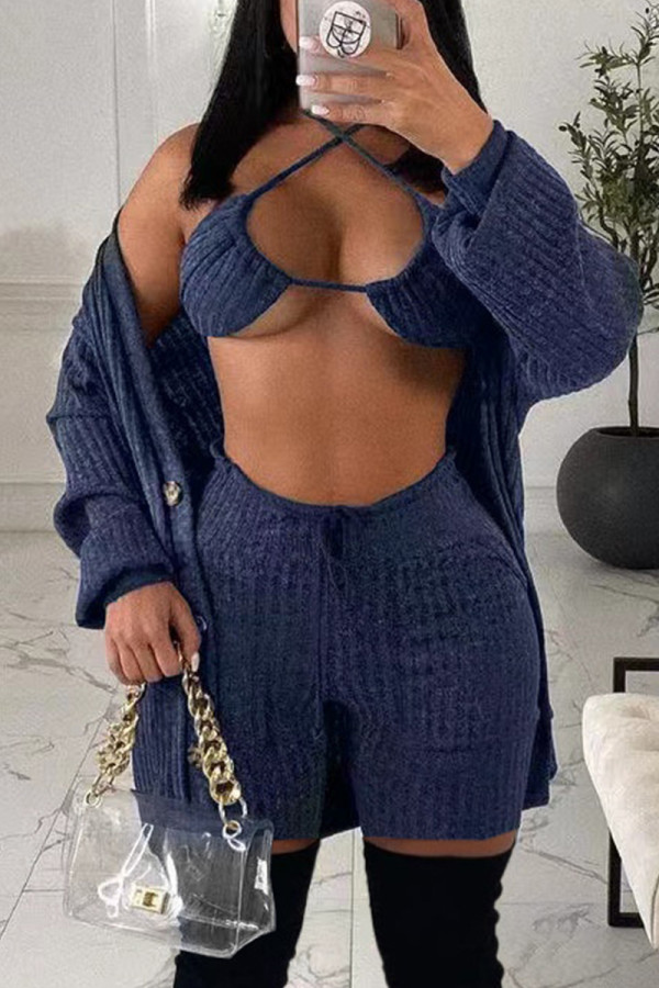 Tibetan Blue Fashion Sexy Solid Basic Long Sleeve Three-piece Set