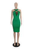 Green Sexy Solid Hollowed Out Patchwork Halter One Step Skirt Dresses