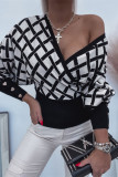 Black Fashion Casual Plaid Geometric Basic V Neck Tops