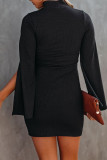 Black Fashion Casual Solid Slit Turtleneck Long Sleeve Dresses