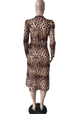 Leopard Print Casual Plaid Patchwork O Neck Pencil Skirt Dresses