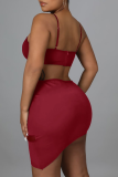 Burgundy Sexy Solid Hollowed Out Spaghetti Strap Pencil Skirt Dresses
