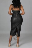 Brown Fashion Sexy Solid Bandage Hollowed Out Backless Square Collar Sling Dress