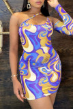 Purple Fashion Sexy Print Hollowed Out Backless One Shoulder Long Sleeve Dresses