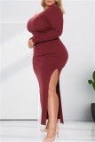 Black Fashion Casual Solid Slit O Neck Long Sleeve Dresses