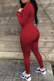 Red Fashion Casual Solid Basic Zipper Collar Skinny Jumpsuits