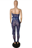 Blue Fashion Sexy Print Bandage See-through Backless Sleeveless Two Pieces