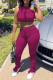 Rose Red Fashion Casual Print Slit Fold Pants O Neck Sleeveless Two Pieces