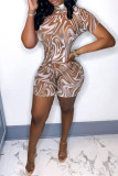 Khaki Fashion Casual Print Basic Turtleneck Long Sleeve Skinny Romper