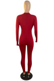 Red Fashion Casual Solid Basic Zipper Collar Skinny Jumpsuits