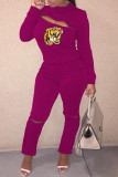 Red Fashion Casual Print Hollowed Out Patchwork Zipper Half A Turtleneck Long Sleeve Two Pieces