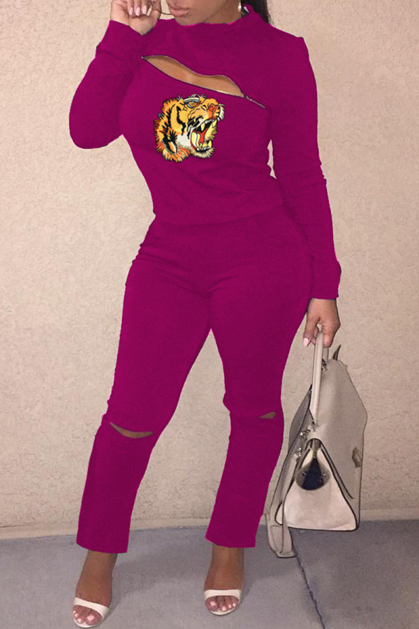 Rose Red Fashion Casual Print Hollowed Out Patchwork Zipper Half A Turtleneck Long Sleeve Two Pieces