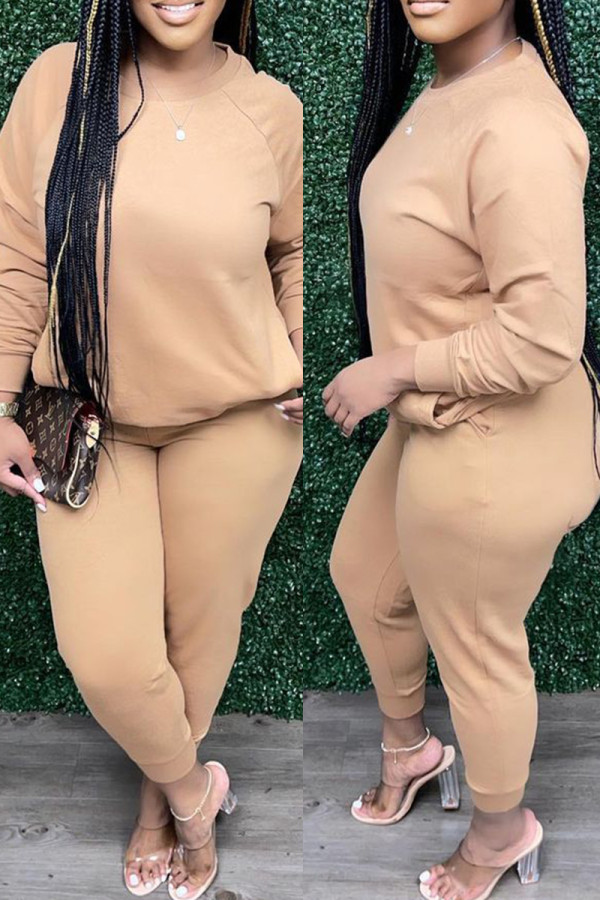 Khaki Fashion Casual Solid Basic O Neck Long Sleeve Two Pieces
