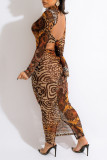 Multicolor Sexy Print Bandage Patchwork Backless O Neck One Step Skirt Dresses
