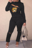 Red Fashion Casual Print Hollowed Out Patchwork Zipper Half A Turtleneck Long Sleeve Two Pieces