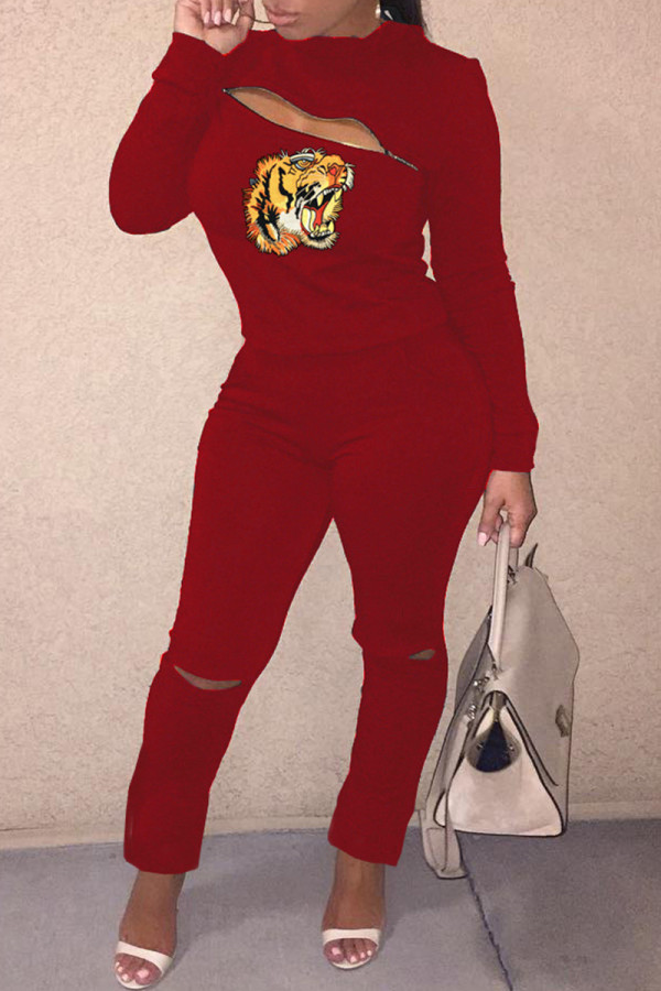 Red Fashion Casual Print Hollowed Out Patchwork Zipper Half A Turtleneck Long Sleeve Two Pieces