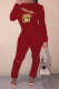 Red Fashion Casual Print Hollowed Out Patchwork Zipper Half A Turtleneck Long Sleeve Two Pieces