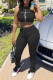 Black Fashion Casual Print Slit Fold Pants O Neck Sleeveless Two Pieces
