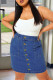 Blue Fashion Casual Solid Buckle Plus Size High Waist Denim Skirt