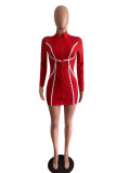 Red Fashion Casual Solid Patchwork O Neck Long Sleeve Dresses