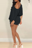 Light Blue Fashion Casual Solid Draw String Frenulum Oblique Collar Dresses