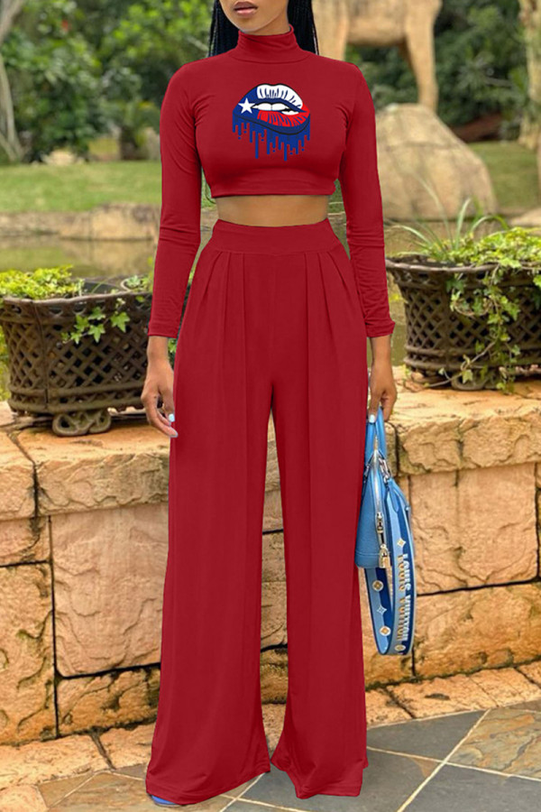Red Fashion Casual Lips Printed Basic Turtleneck Long Sleeve Two Pieces