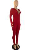 Red Fashion Casual Solid Basic Zipper Collar Skinny Jumpsuits