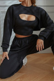 Pink Fashion Casual Solid Hollowed Out O Neck Long Sleeve Three-piece Set
