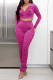 Rose Red Fashion Sportswear Print Patchwork Hooded Collar Long Sleeve Two Pieces