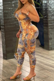 Khaki Sexy Print Hollowed Out Patchwork Backless Spaghetti Strap Sleeveless Two Pieces