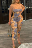 Khaki Sexy Print Hollowed Out Patchwork Backless Spaghetti Strap Sleeveless Two Pieces