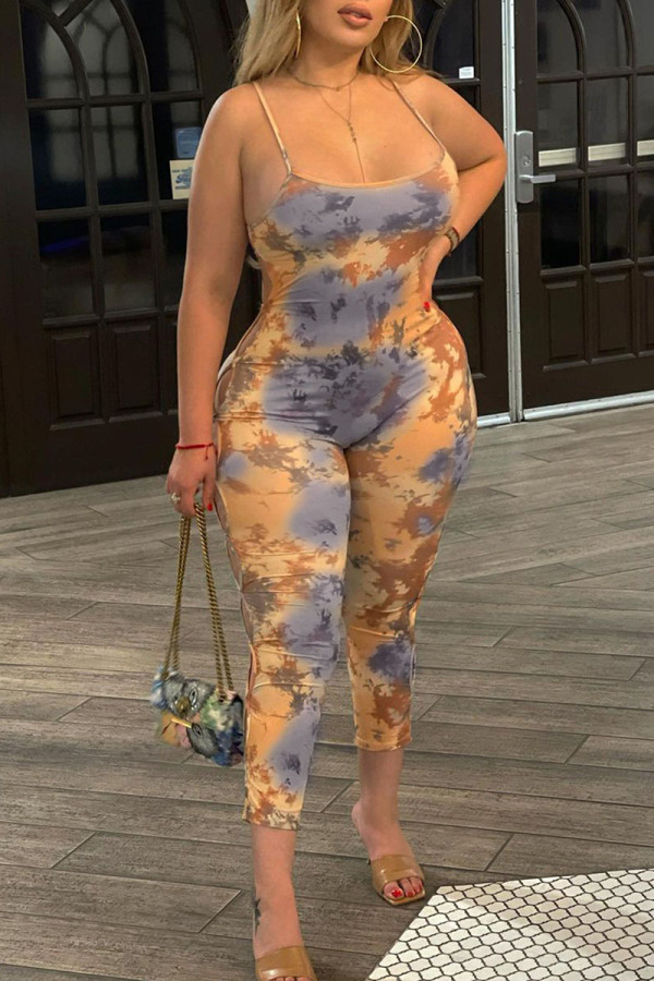 Khaki Sexy Print Hollowed Out Patchwork Backless Spaghetti Strap Sleeveless Two Pieces