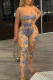 Khaki Sexy Print Hollowed Out Patchwork Backless Spaghetti Strap Sleeveless Two Pieces